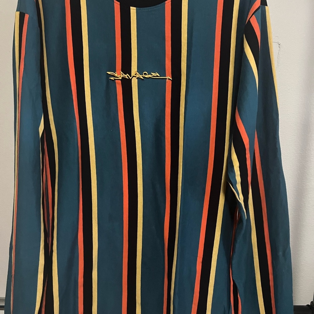 Vox Pupoli large Striped Long Sleeve Shirt in Teal, Yellow, and Orange Y2K